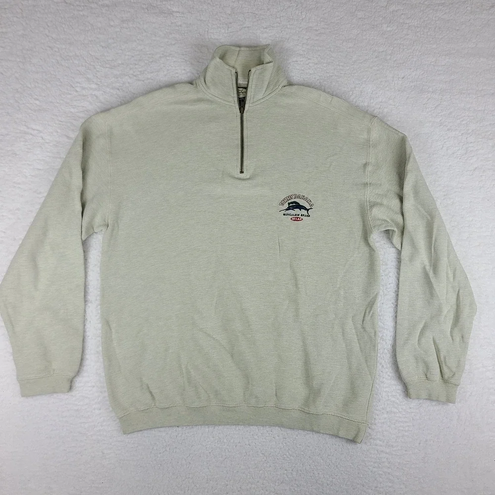 Tommy Bahama Sweater Mens Medium Beige Striped Cotton Quarter Zip Relax Fit